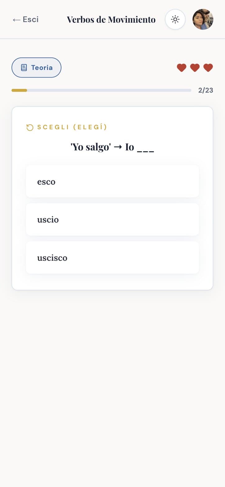 An exercise: complete "Io ___" from "Yo salgo", with three options and three hearts.
