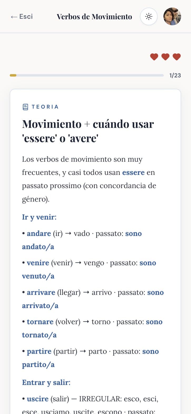 The theory of a lesson on verbs of movement and when to use essere or avere, explained in Spanish.