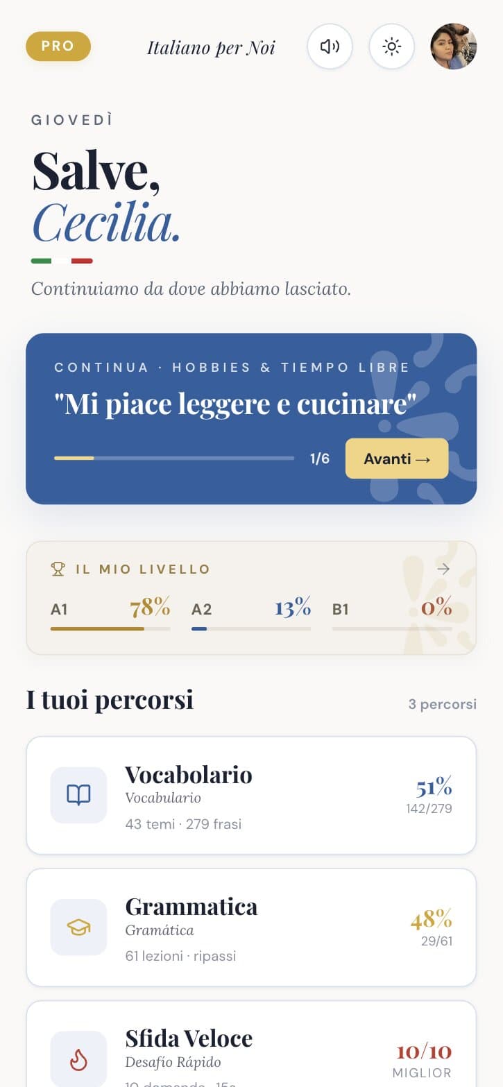 The home screen: "Salve, Cecilia." with one word in italic, the lesson to continue, the level card and the three paths.