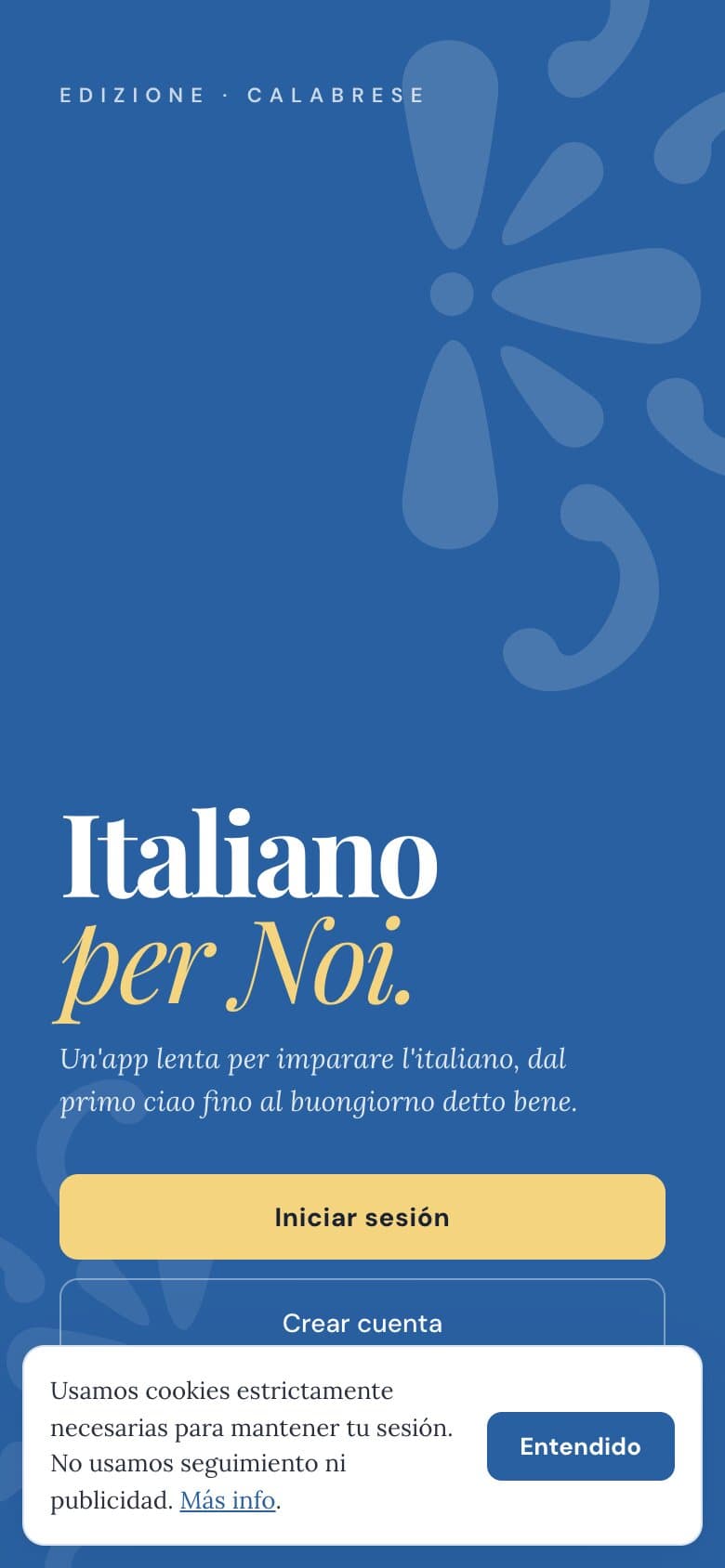 The welcome screen: Italiano per Noi in Playfair Display on blu mare, with the sign in and create account buttons.