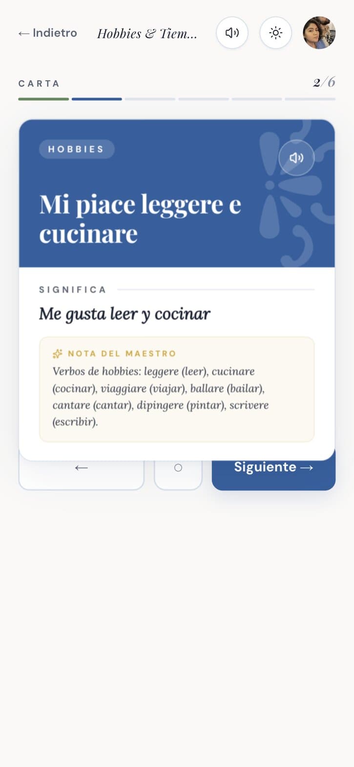 The same card revealed: the Spanish meaning and a Nota del maestro on the verbs inside the phrase.