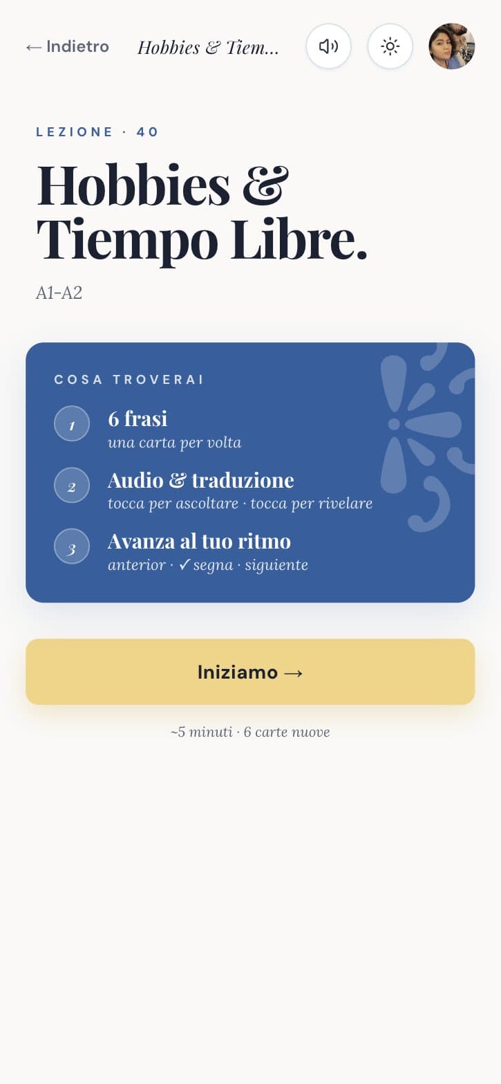 The intro to lesson 40, Hobbies & Tiempo Libre: six phrases, audio and translation, at your own pace.
