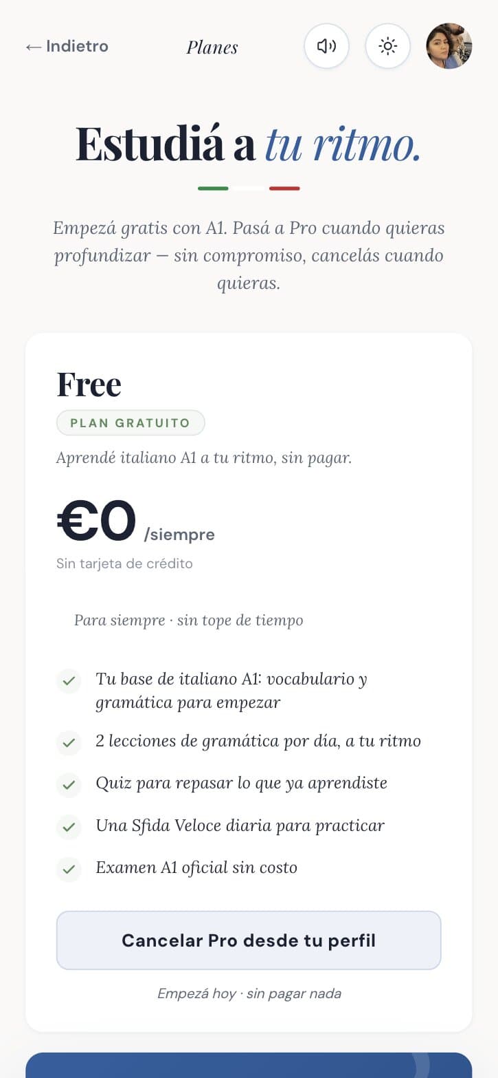 The Free plan on the pricing page, with what it includes and the line "Cancelar Pro desde tu perfil".