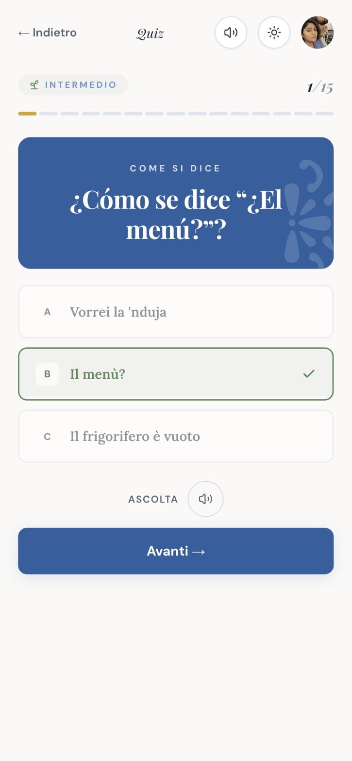The right answer, "Il menù?", marked in green with a check.