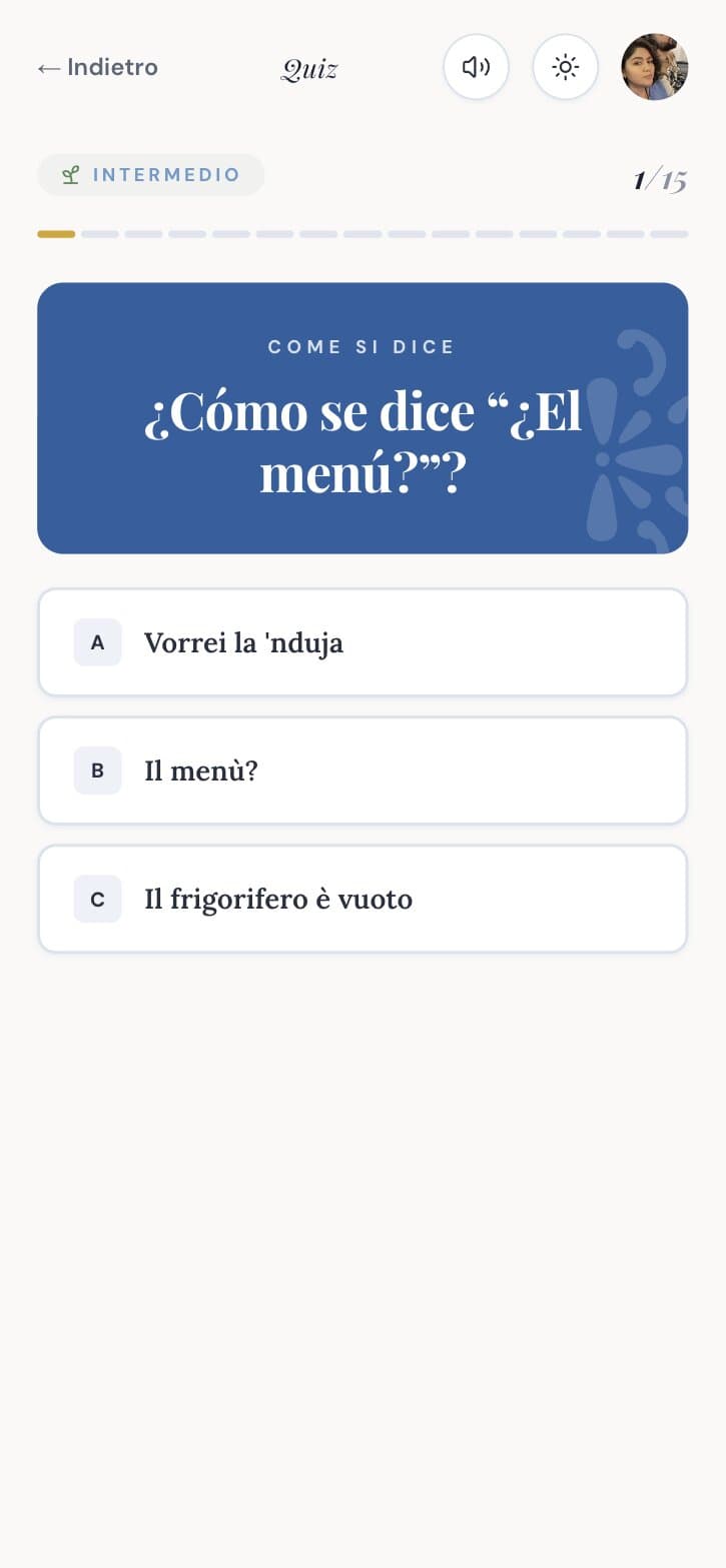 A quiz question: how do you say "¿El menú?" in Italian, with three options.