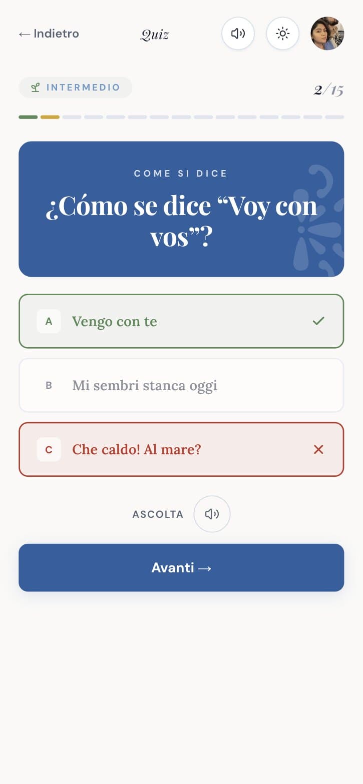 A wrong answer marked in red with a cross, and the right option marked in green with a check.