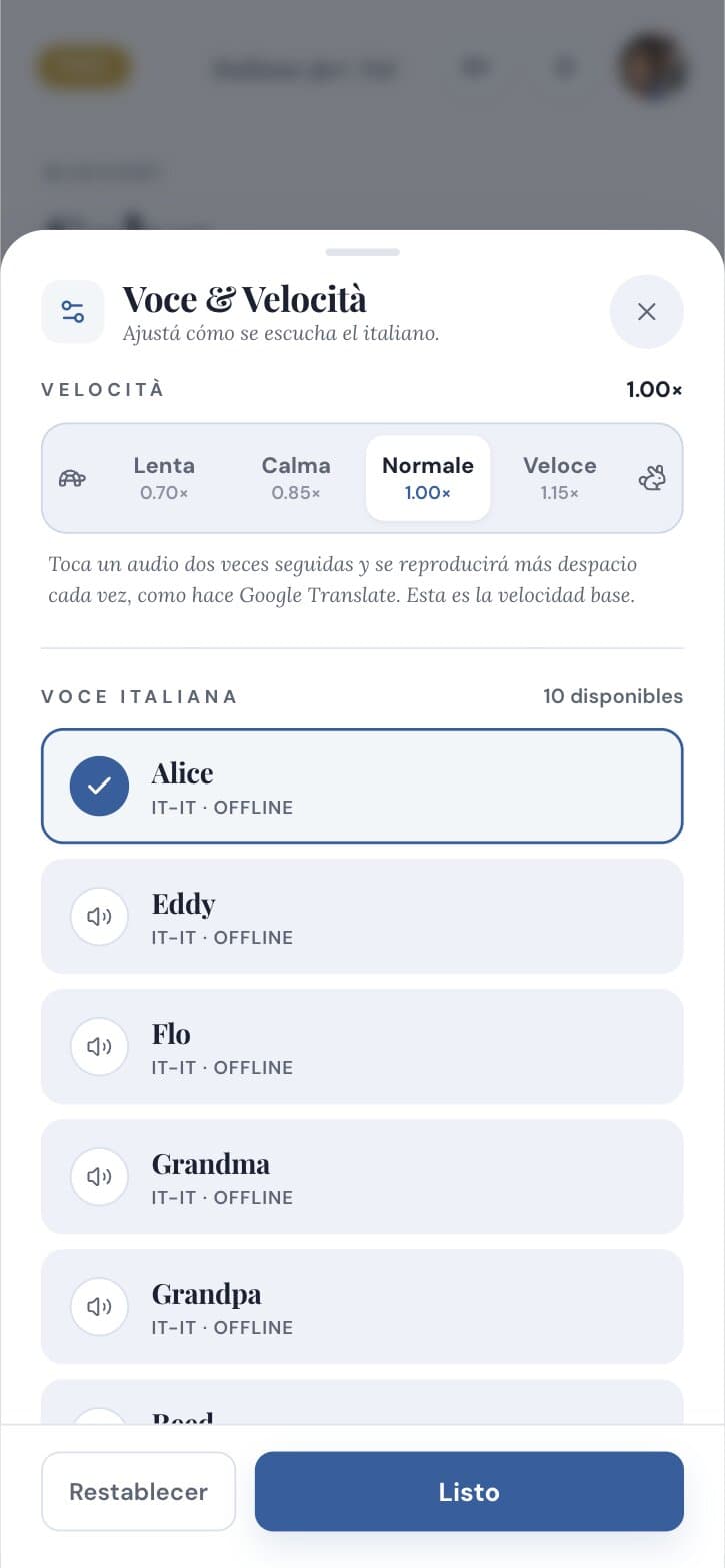 The Voce & Velocità sheet: playback speed from Lenta to Veloce and a choice of Italian voices.