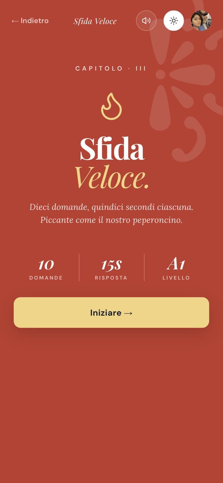The Sfida Veloce start screen in rosso corallo: ten questions, fifteen seconds each, level A1.