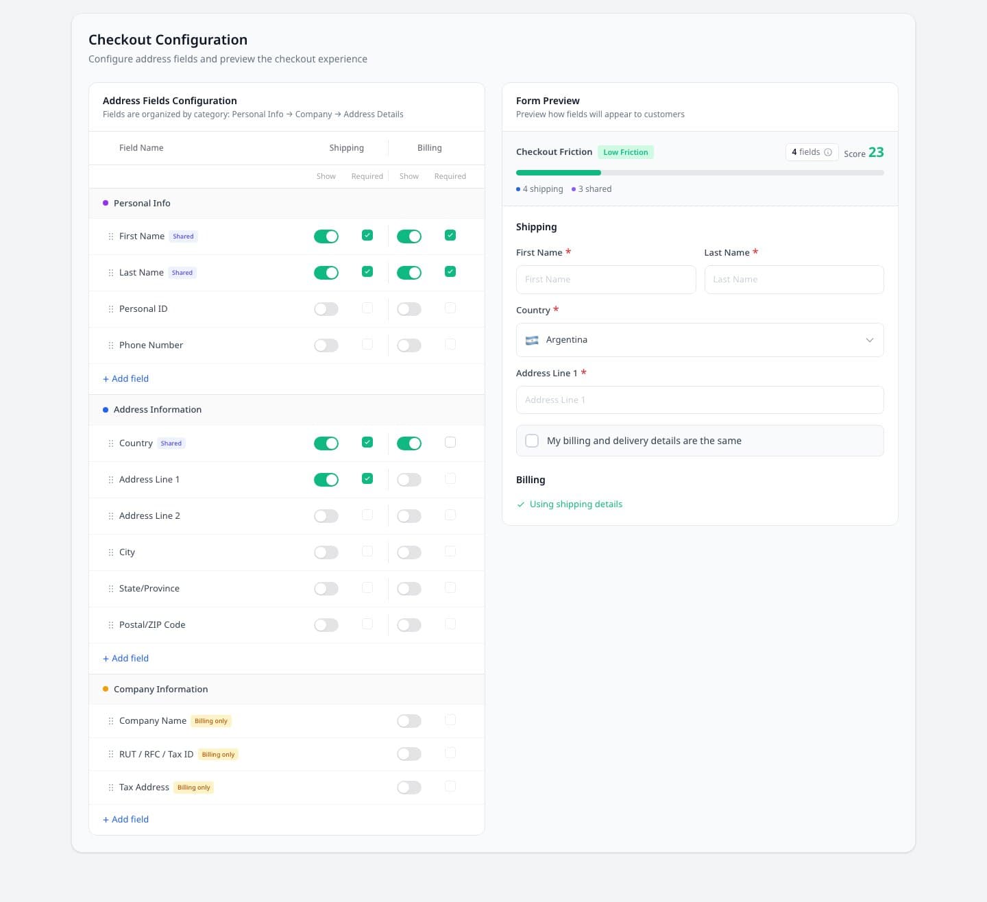 The checkout fields admin: a list of fields to enable, a live preview of the checkout, and a friction score.
