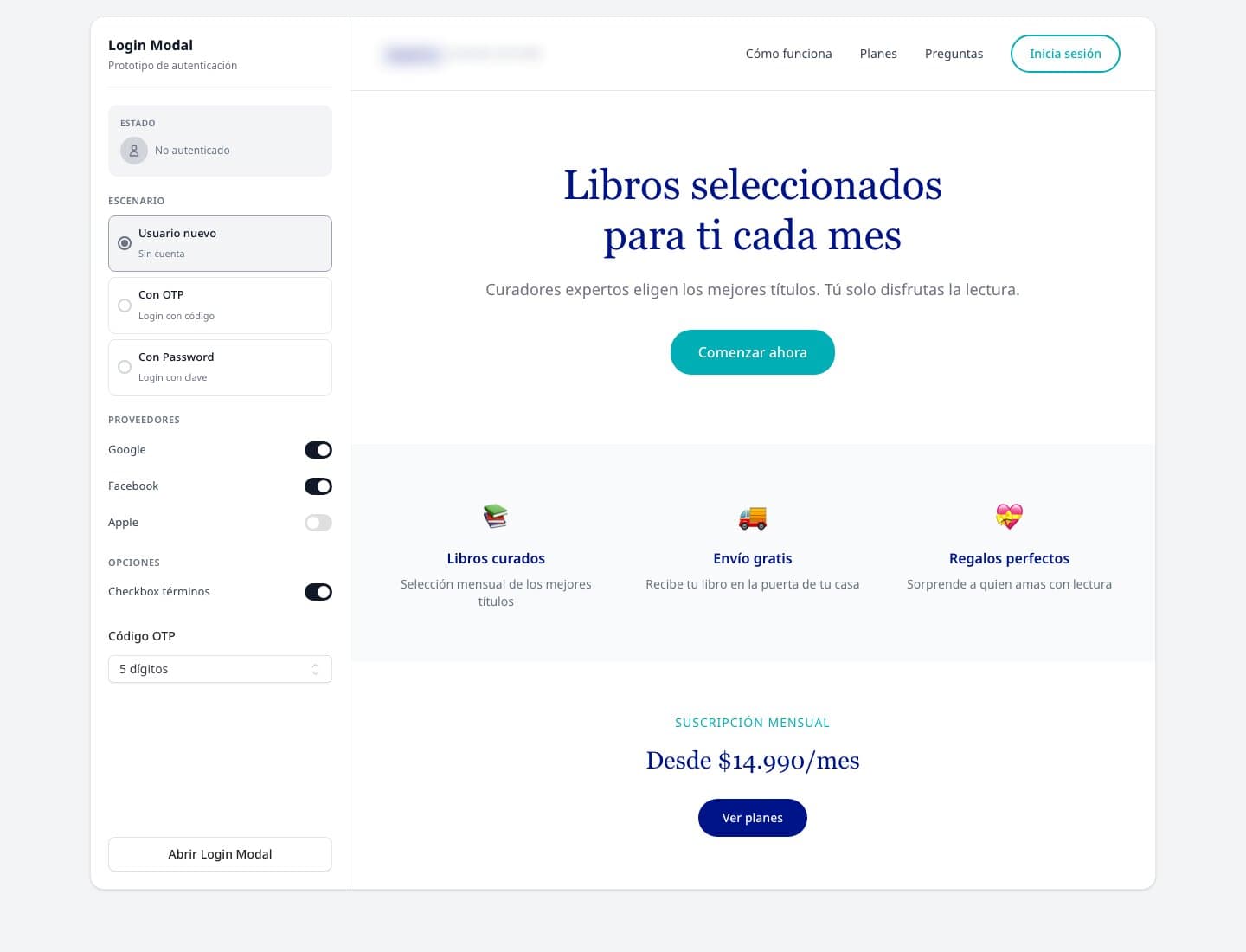 The login modal prototype: a panel with state, scenario, providers and options, and the store where the modal opens, with the brand blurred.