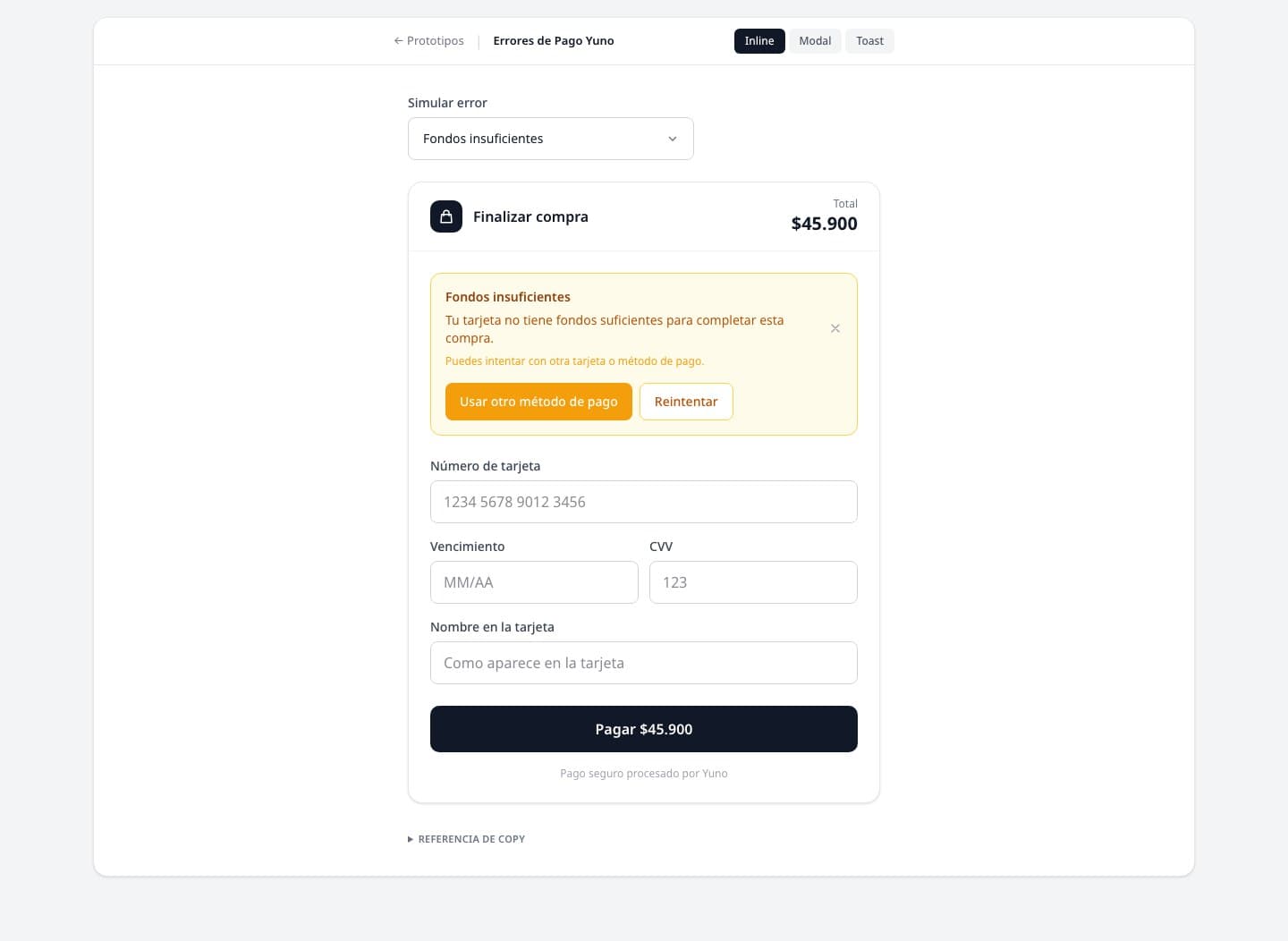 The payment errors prototype: a dropdown to simulate an error, and the message shown inline in the payment form.