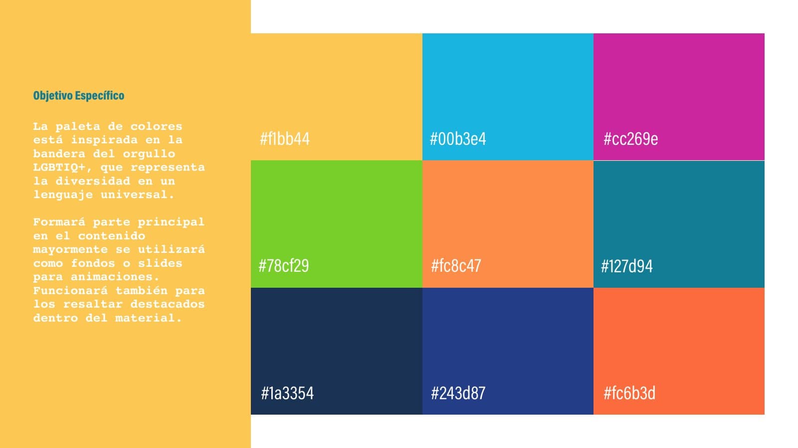 The palette on a yellow ground: yellow, cyan, magenta, green, orange, teal and two dark blues, each with its hex code.