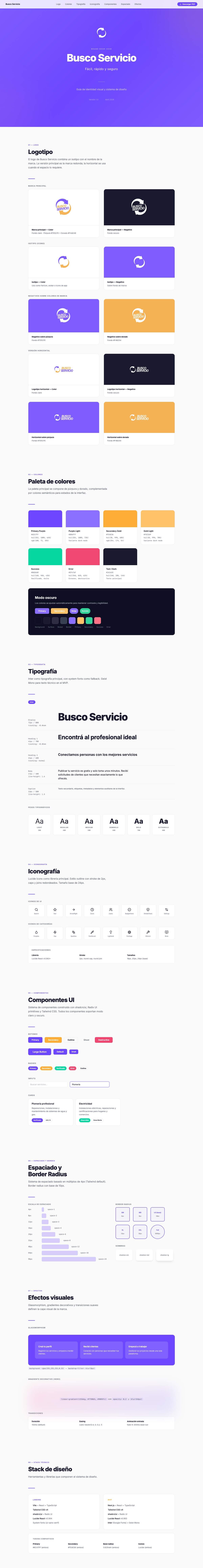 El manual de marca de BuscoServicio, con logo, paleta, tipografía, iconografía, componentes y espaciado en una sola página continua, en escritorio.