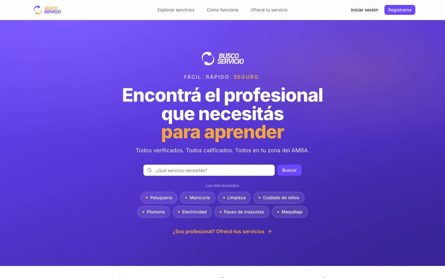 BuscoServicio home: the search for professionals with the rotating headline.