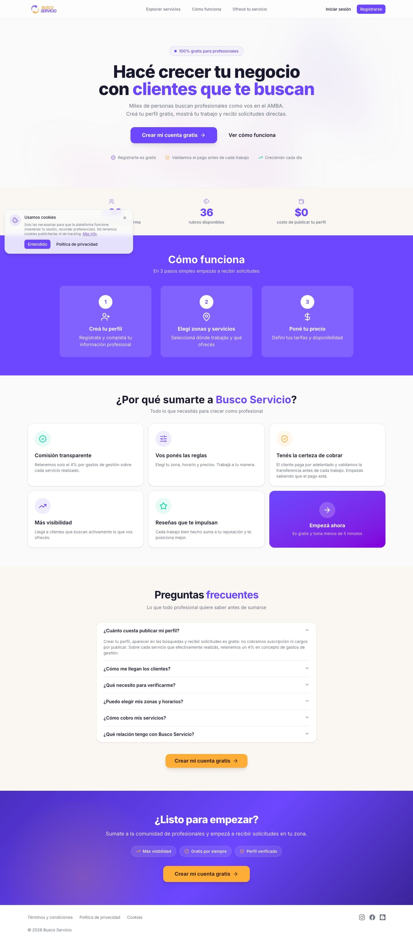 La landing "Ofrecé tus servicios" para reclutar profesionales, con contadores en vivo, los pasos de cómo funciona y preguntas frecuentes, en escritorio.