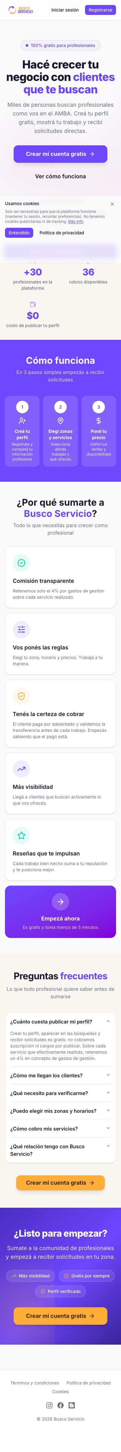 La misma landing, en móvil, con un botón de acción fijo.