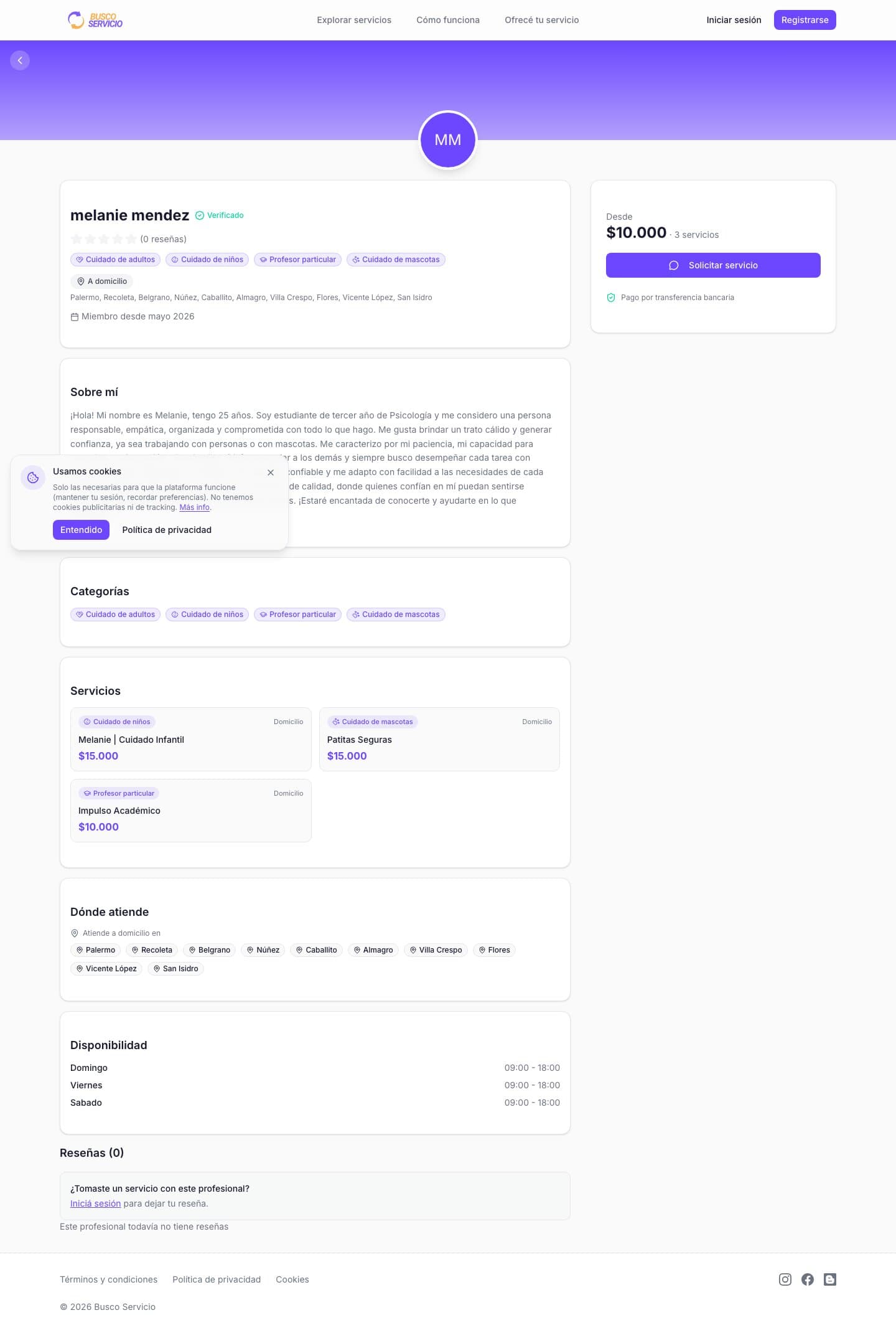 Un perfil público de profesional con servicios, disponibilidad, zonas de cobertura y la sección de reseñas, en escritorio.