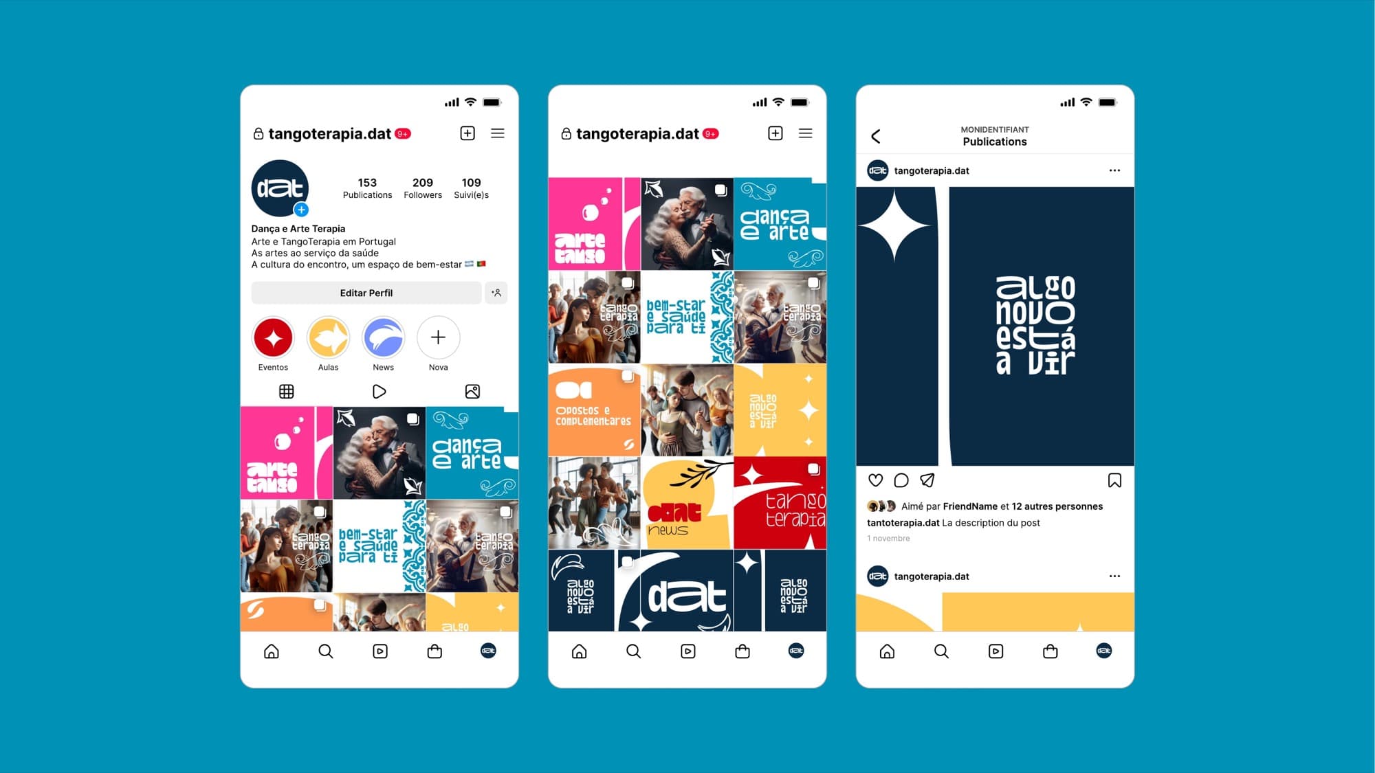 Tres pantallas de teléfono con el perfil de Instagram de DAT, la grilla y una publicación, todo hecho con las nuevas plantillas.