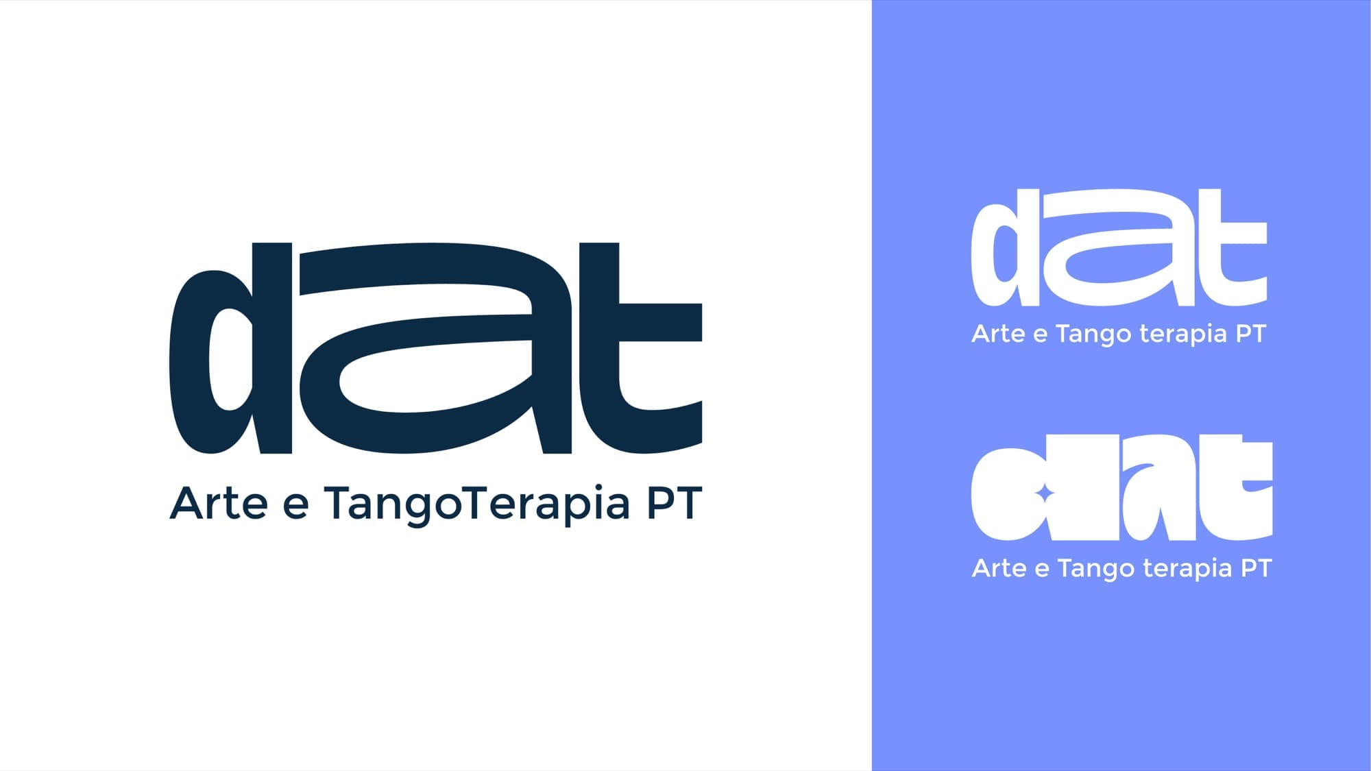 El nuevo logo de DAT en azul marino con la línea "Arte e TangoTerapia PT", junto a dos versiones en blanco sobre fondo lavanda.