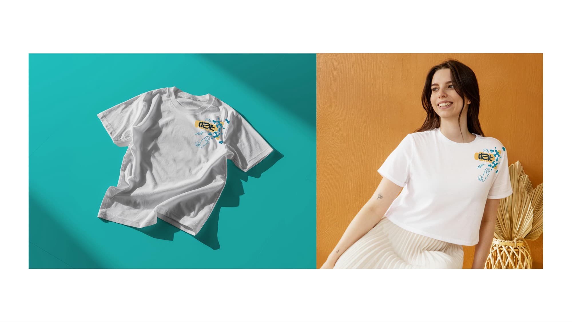 La camiseta con el logo y detalles de azulejos en el hombro, extendida sobre fondo verde azulado y puesta en una mujer que sonríe.