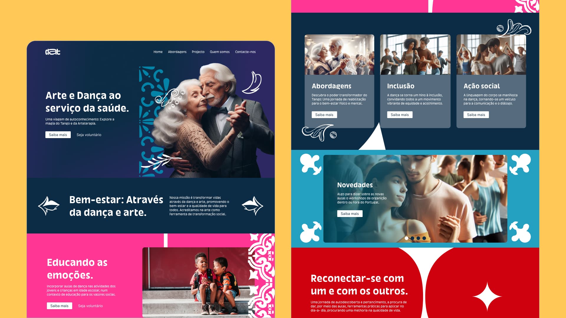 Diseño del sitio web de DAT: una portada azul marino con una pareja de personas mayores bailando, tarjetas de programas, un carrusel de novedades y bloques de color rosa, cian y rojo con detalles de azulejos.