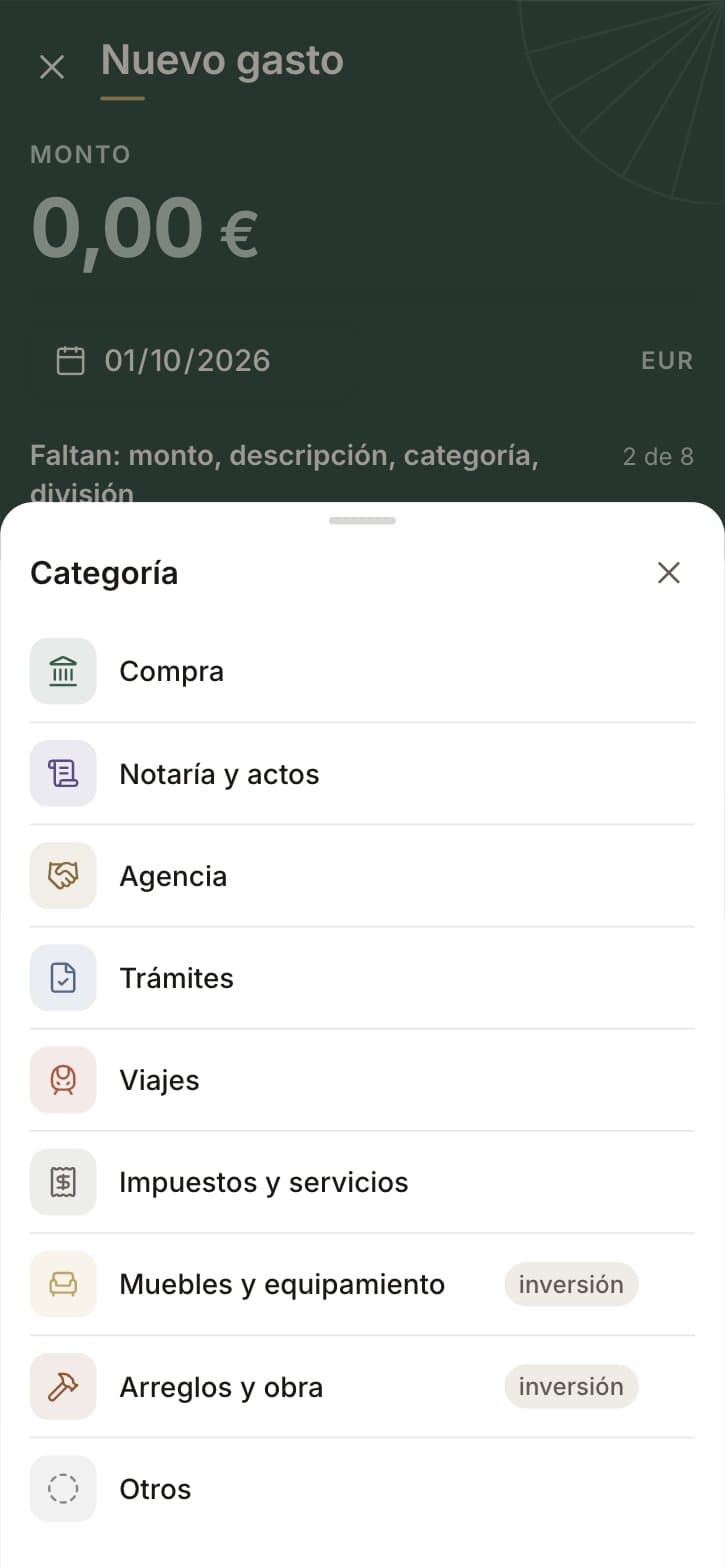 The category bottom sheet, each category with its icon, two of them tagged inversión.