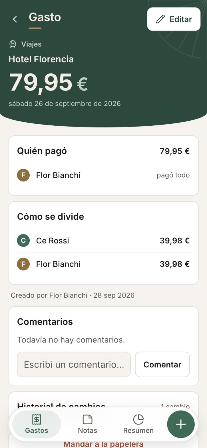 An expense in detail: category, amount, who paid, how it is split, comments and the change history.