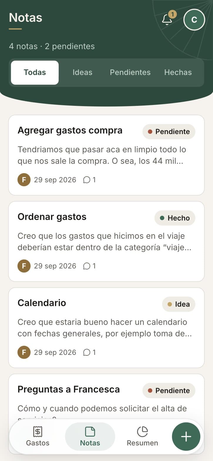 The notes board filtered to all: each note with its state badge (Pendiente, Hecho, Idea), author, date and comment count.