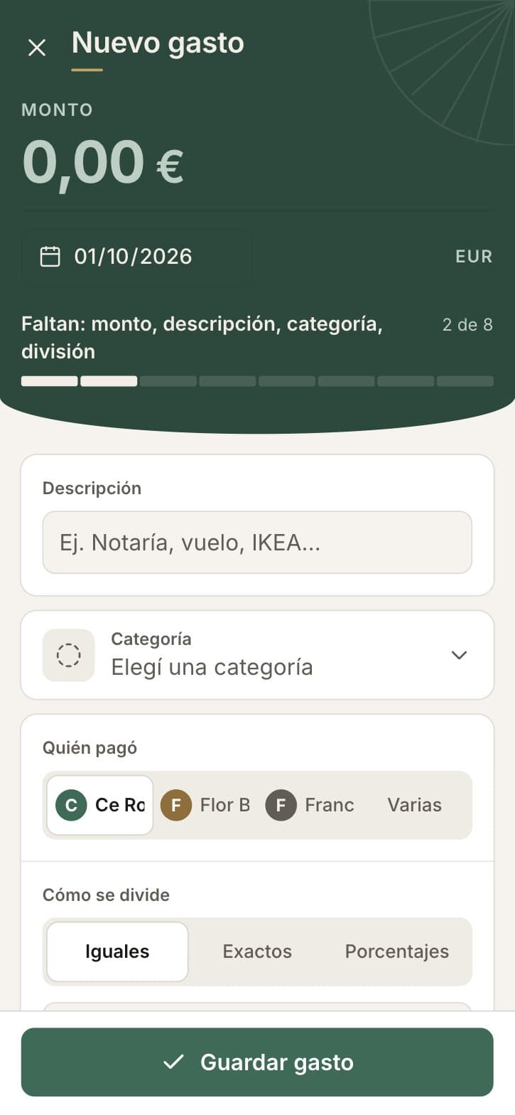 The empty expense form: amount, date, "Faltan: monto, descripción, categoría, división" and a progress bar of eight segments.