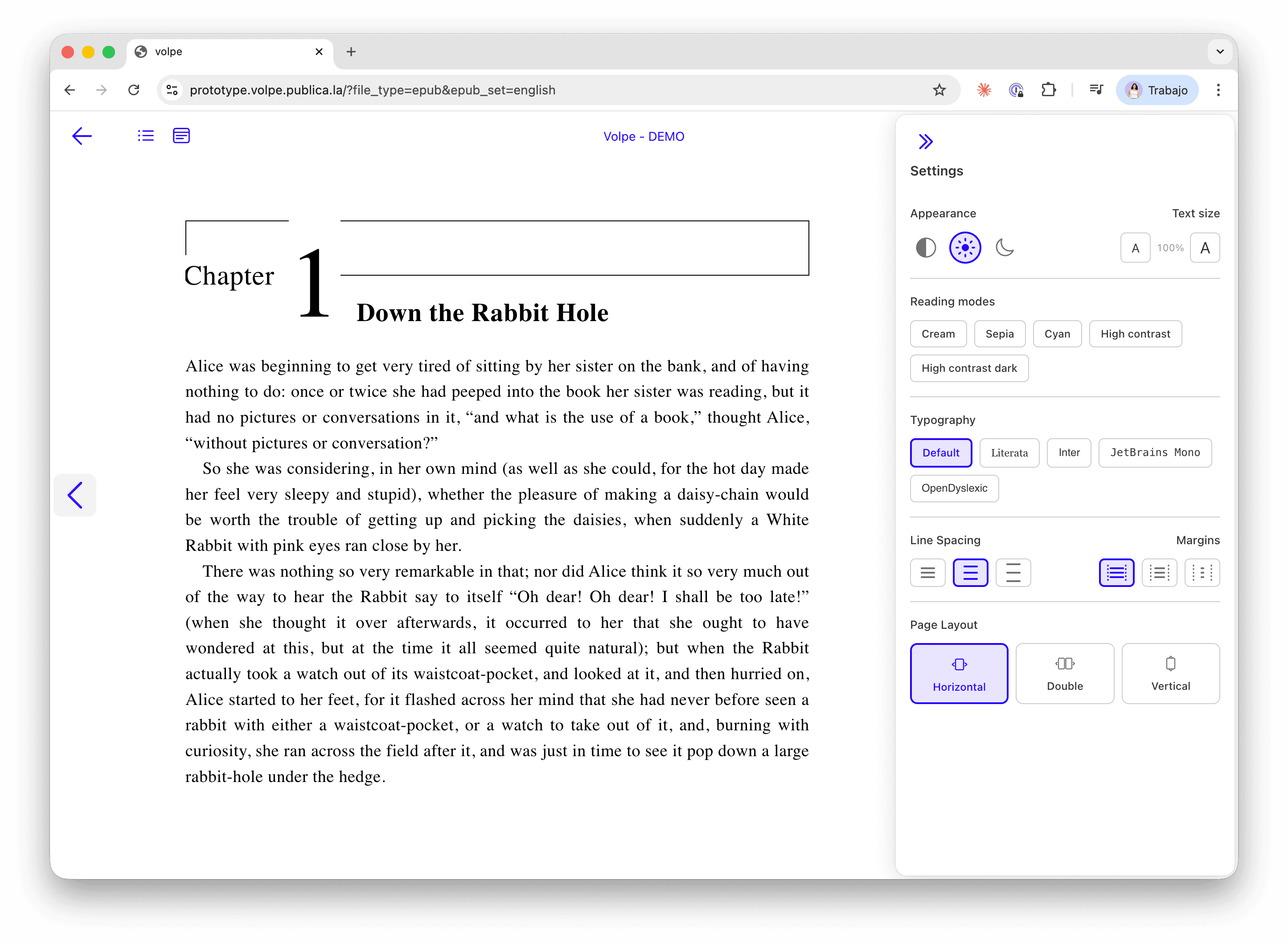 O novo leitor: uma página de texto com poucos controlos no topo e o painel de definições aberto, com aspeto, modos de leitura, tipografia, espaçamento e disposição da página.