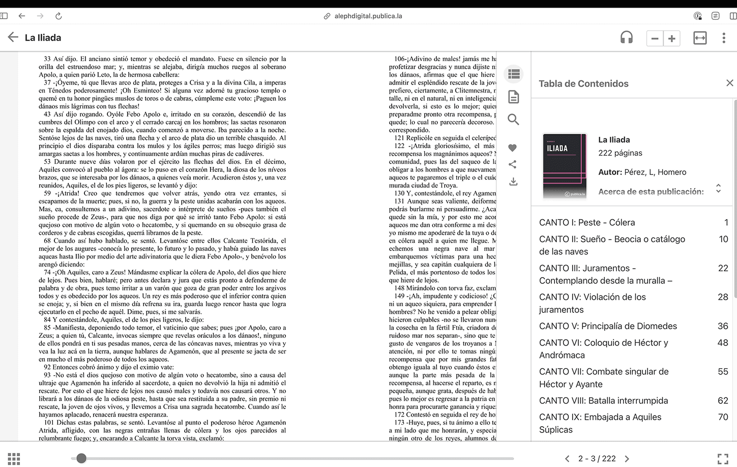 O leitor antigo: uma página dupla com uma barra de ícones, uma coluna lateral e o índice aberto à direita.