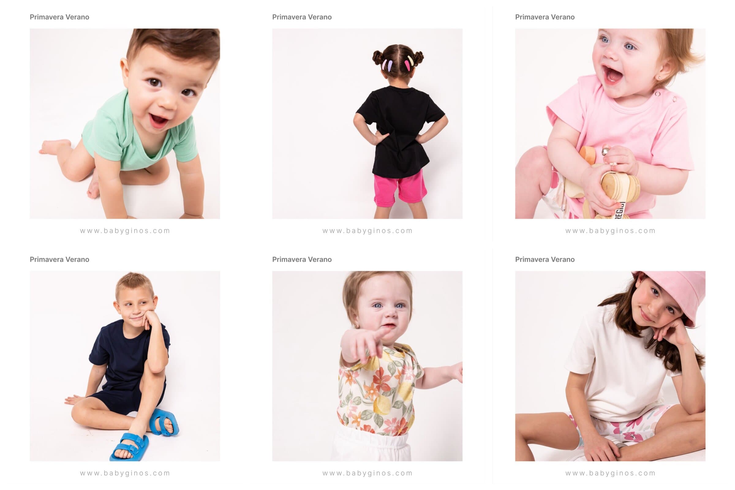 Six Instagram posts of the Primavera Verano campaign: babies and children in the studio wearing the collection.