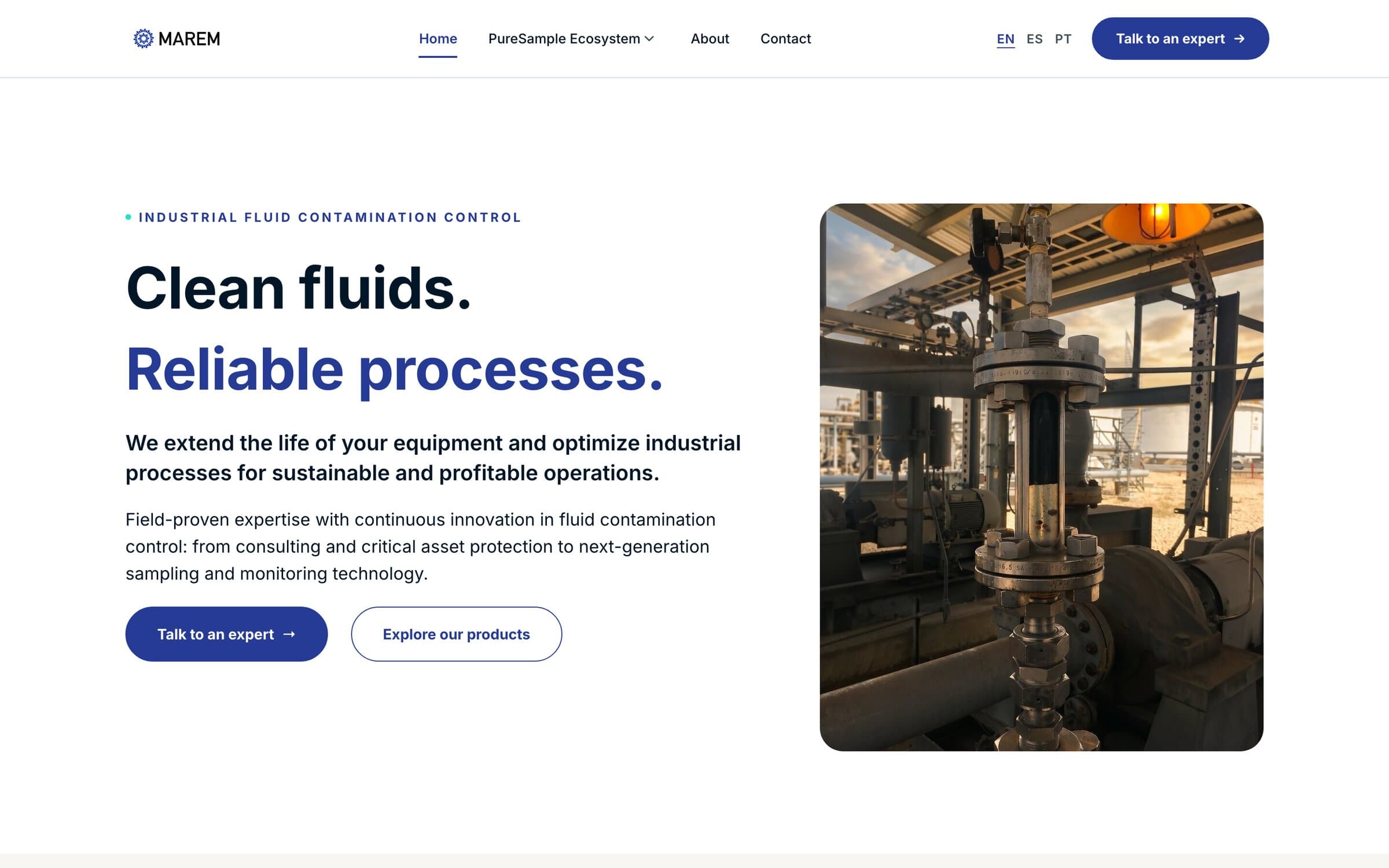 MAREM home: Clean fluids. Reliable processes. with an industrial photo.