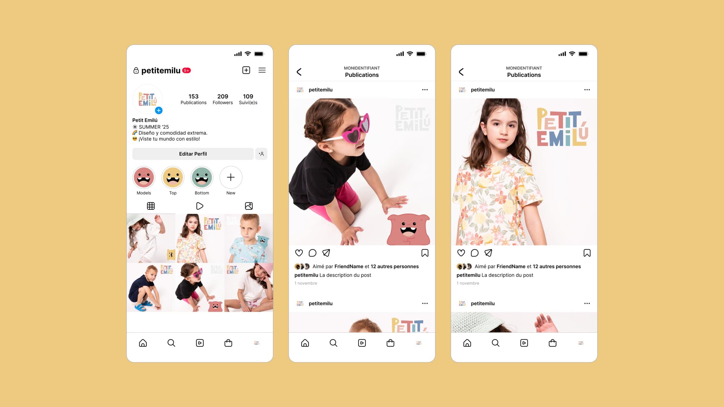 Three phones with the Petit Emilú Instagram: the profile with the highlight covers, and two posts of children in the Summer '25 collection.