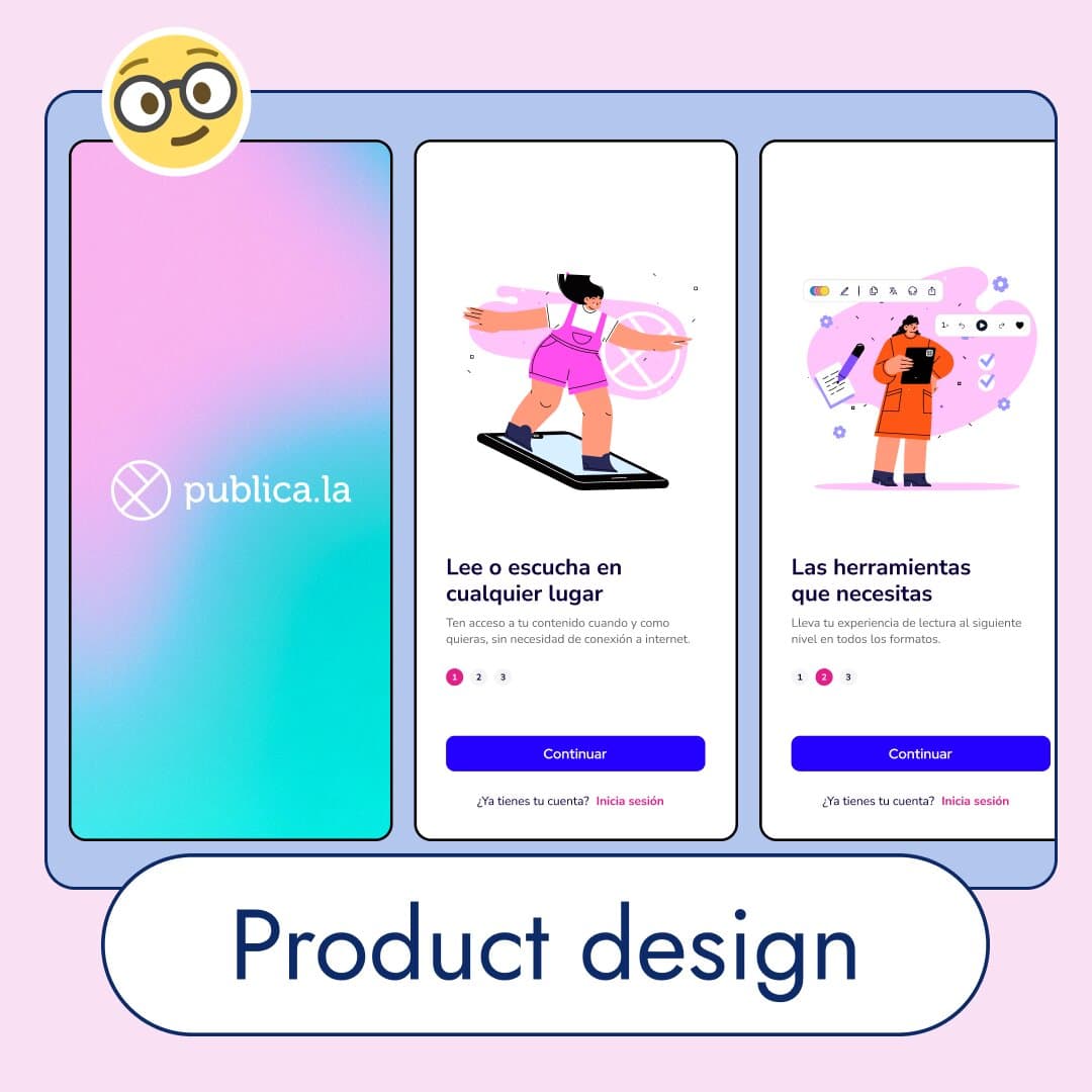 Product design: three screens of the publica.la reader app.