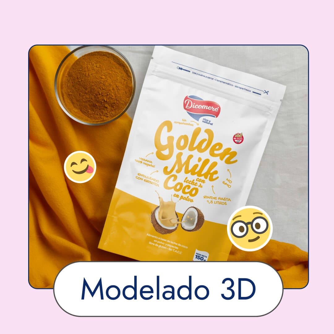 Modelado 3D: a rendered pouch of Golden Milk coconut powder.