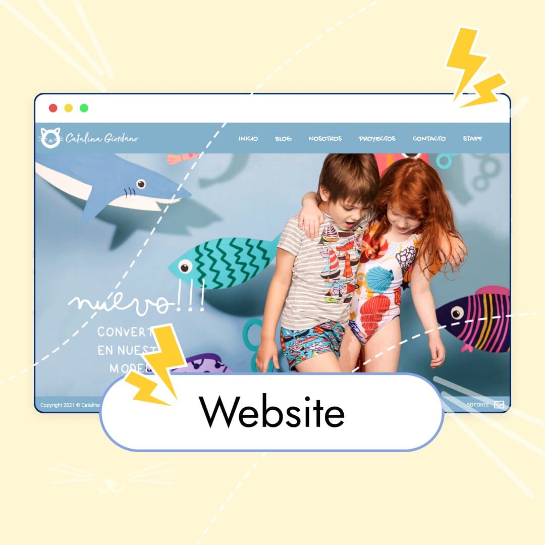 Website for a children's brand, with fish and two kids.