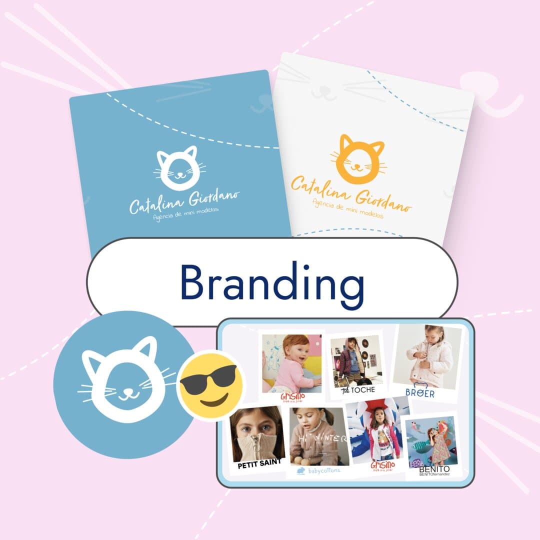 Branding: cards with a cat mark for Catalina Giordano.