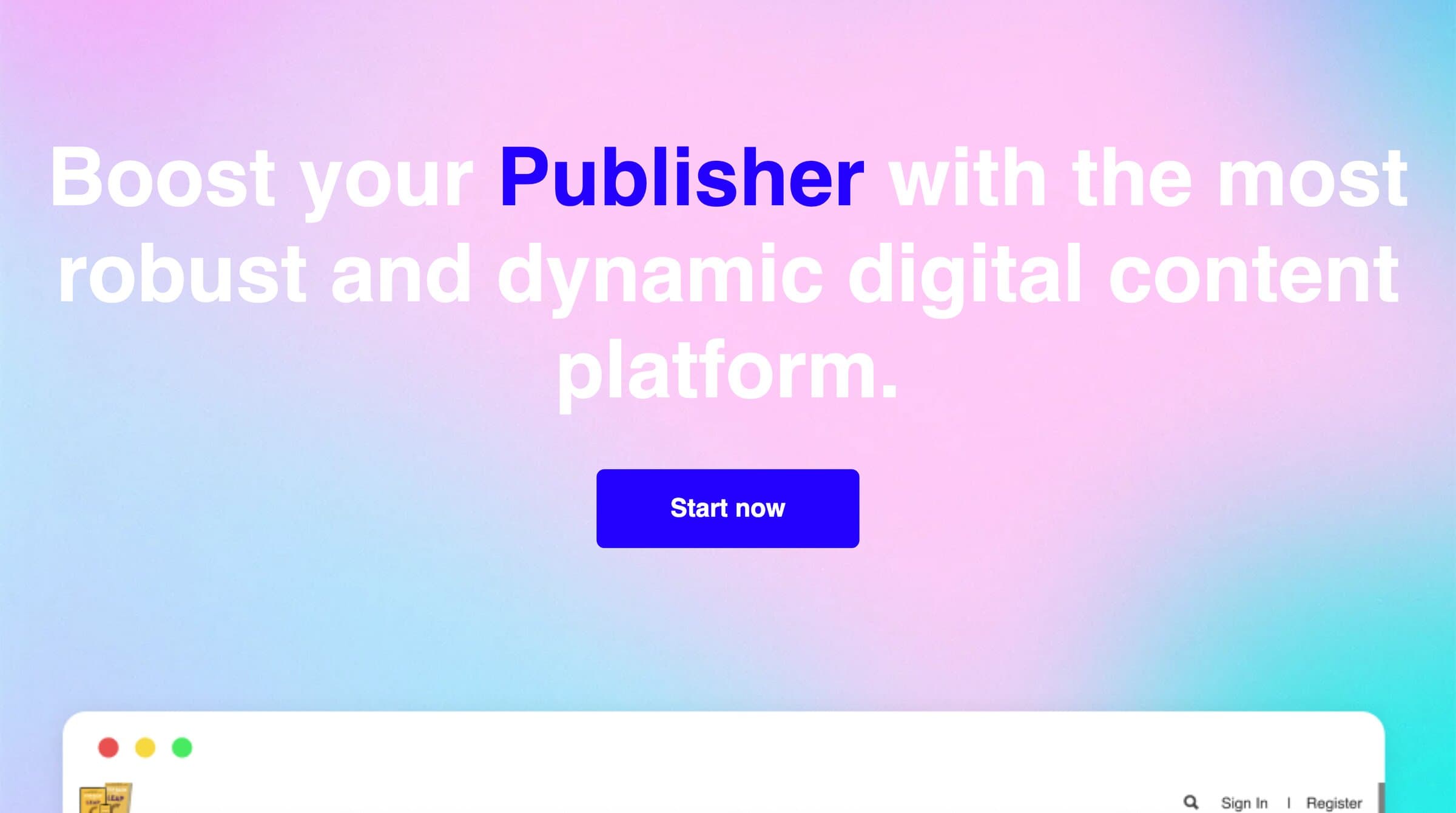 publica.la's 2023 website: a pink to teal gradient hero with Boost your Publisher in white.
